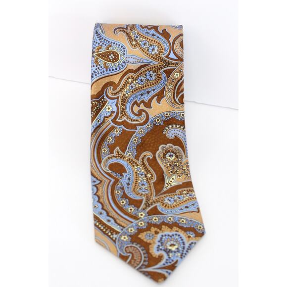 Italo Ferretti Mens Brown Blue Yellow Silk Floral Paisley Print Neck Tie